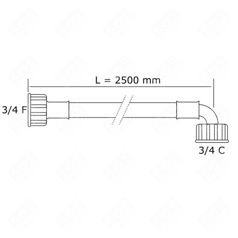 TUYAU D'ARRIVÉE D'EAU UNIVERSEL  LIVRÉ SANS LES JOINTS 20/27  AVEC RACCORDS DROIT X COUDÉ (L2500MM 3/4 F X 3/4 C) MACHINE À LAVER, LAVE-LINGE - 3666356044401