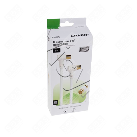 CÂBLE COAXIAL TV 3MTR - 9.52 MM M/F COUDÉ 90° + ADAPTATEUR D'ORIGINE TÉLÉVISION - 724640