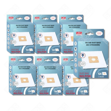 LOT DE 7 BOÎTES DE 5 SACS AVEC 1 PRE FILTRE COUPE/COMPACT/GO/FORCE ASPIRATEUR - 78602600, 22422400
